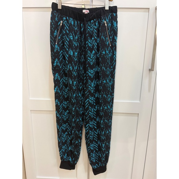BONGO Pants - Bongo Womens Jogger Pants Large Black Teal Blue Abstract Print Zippers no pocket